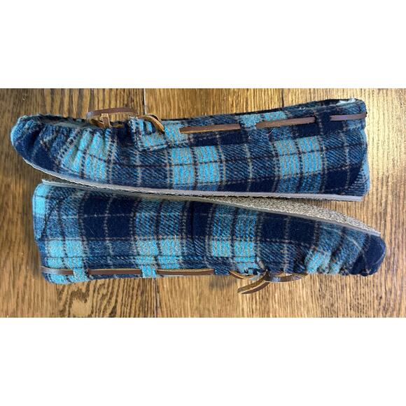 New! Minnetonka Wool Flannel Moc Slipper Sz 9 Blue and Green Plaid Faux Fur - Picture 4 of 6